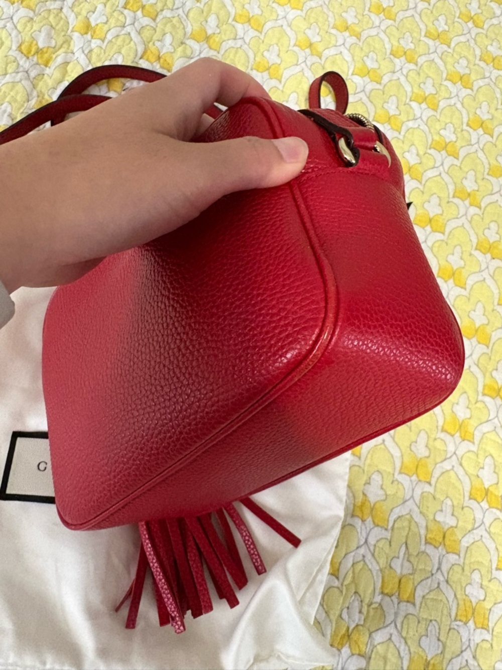 Gucci Red Soho Disco Embossed GG Leather Crossbody with Tassel - Picture 5 of 16